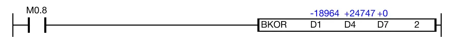 When the contact, M0.8, is powered ON (1), logical OR operations are performed on 2 WORD data registers, D1, and D2, with another 2 WORD data register