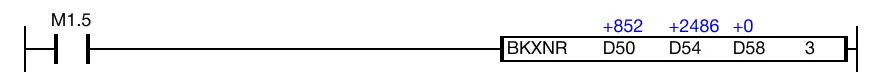 When the contact, M1.5, is powered ON (1), logical XNOR operations are performed on 3 WORD data registers, D50, D51, and D52, with another 3 WORD data