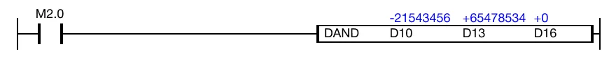 Ladder Diagram Example When the contact, M2.0, is powered ON (1), a logical AND operation is performed on the DWORD data registers, D10 and D13.