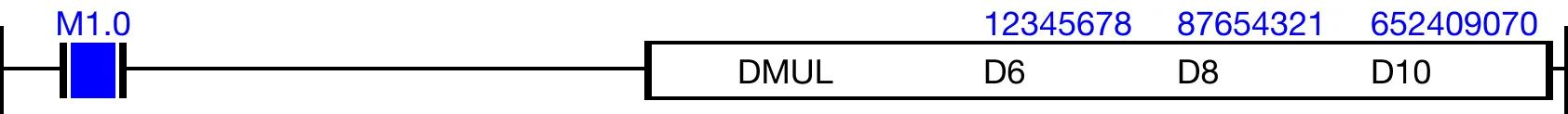 DMUL The product saved in the LWORD data register, D10, is greater than the maximum value the ladder logic tooltip is capable of displaying.