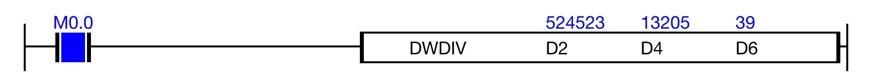 Ladder Diagram Example for MapleLogic DWDIV/DWDIVP instruction.