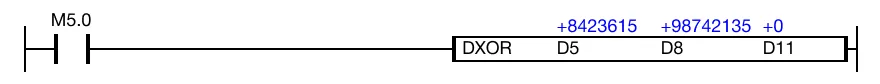Ladder Diagram Example When the contact, M5.0, is powered ON (1), a logical XOR operation is performed on the DWORD data registers, D5 and D8.