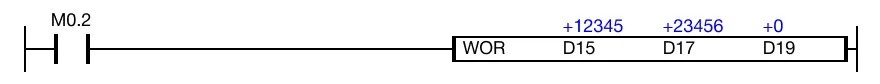 When the contact, M0.2, is powered ON (1), a logical OR operation is performed on the WORD data registers, D15 and D17.