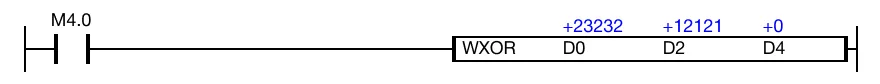 When the contact, M4.0, is powered ON (1), a logical XOR operation is performed on the WORD data registers, D0 and D2.