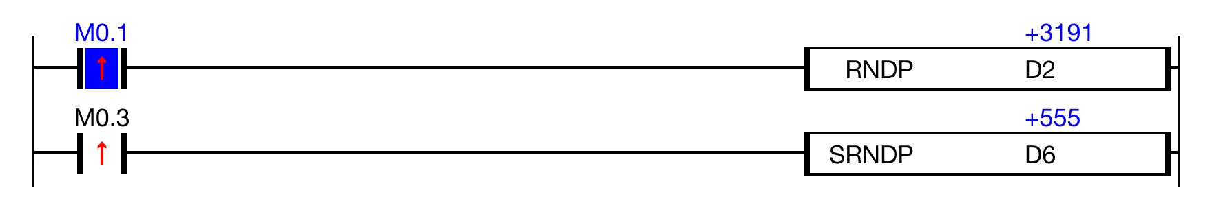 When the contact, M0.3, is ON (1), the instruction uses the value, 555, as the seed for randomly generating the number, 3,191.