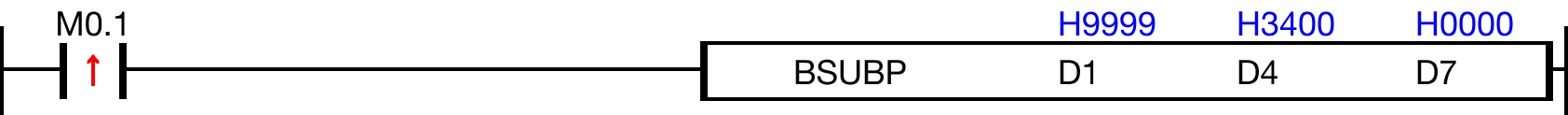 When M0.1 is powered ON, the 4-digit binary-coded decimal (BCD) data register, D4, is subtracted from the 4-digit binary-coded decimal (BCD) data regi