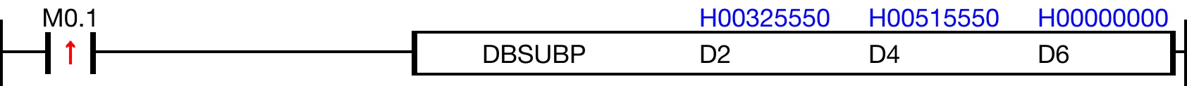 When M0.1 is powered ON, the 8-digit binary-coded decimal (BCD) data register, D4, is subtracted from the 8-digit binary-coded decimal (BCD) data regi