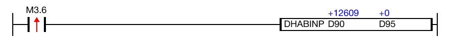 Ladder Diagram Example When the contact, M3.6, is powered ON (1), the DBINHA instruction converts four ASCII data registers, D90, D91, D92, and D93, into Hexadecimal.