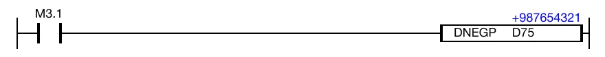 Ladder Diagram Example When the contact, M3.1, is powered ON (1), the value of the data register, D75, 987,654,321, is negated.