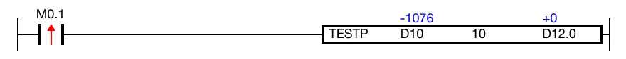 When the contact, M0.5, is powered ON (1), the TESTP instruction examines the 10th bit of the data register, D10.
