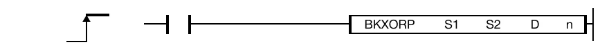 The BKXORP one-shot instruction performs a logical XOR on n number of WORD data registers starting at S1 and n number of data registers starting at S2