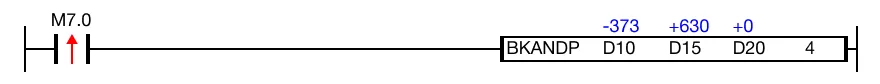 When the contact, M7.0, is powered ON (1), logical AND operations are performed on 4 WORD data registers, D10, D11, D12, and D13, with another 4 WORD 