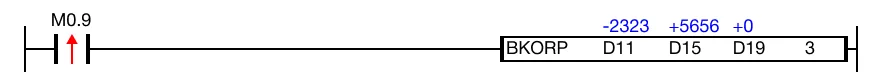 When the contact, M0.9, is powered ON (1), logical OR operations are performed on 3 WORD data registers, D11, D12, and D13, with another 3 WORD data r