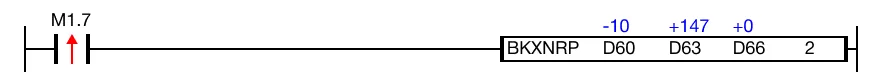 When the contact, M1.7, is powered ON (1), logical XNOR operations are performed on 2 WORD data registers, D60, and D61, with another 2 WORD data regi