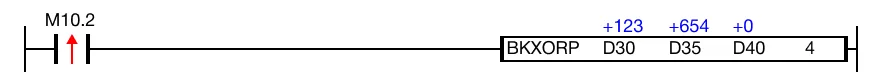 When the contact, M10.2, is powered ON (1), logical XOR operations are performed on 4 WORD data registers, D30, D31,  D32, and D33, with another 4 WOR