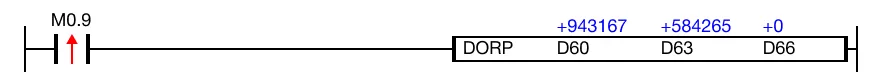 When the contact, M0.9, is powered ON (1), a logical OR operation is performed on the DWORD data registers, D60 and D63.