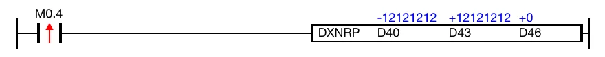 When the contact, M0.4, is powered ON (1), a logical XNOR operation is performed on the DWORD data registers, D40 and D43.