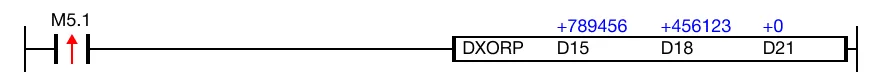 Ladder Diagram Example When the contact, M5.1, is powered ON (1), a logical XOR operation is performed on the DWORD data registers, D15 and D18.