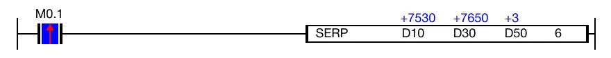 When the contact, M0.1, is powered ON (1), the instruction searches for the value 7,530 in 6 WORD data registers starting at D30.