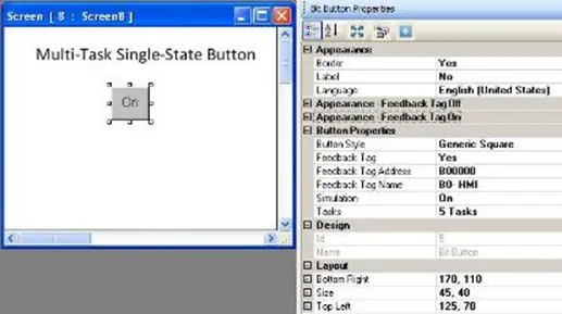 Multi Task Single State Button MAPware-7000 Multi Task Single State Button placed on screen with properties menu to the right, displaying the configurable properties of the object.