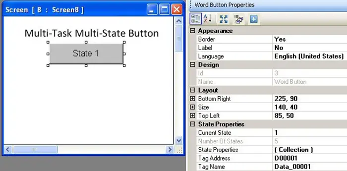 Multi Task Multi State MAPware-7000 Multi Task Multi State Button object on the screen with properties menu to the right, displaying the configuration options for the object.