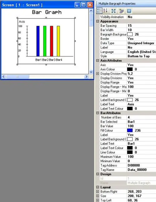 Multiple Bar Graphs Object MAPware-7000 Multiple Bar Graph Object displayed on screen with properties window to the right, showing the configurable properties of the object.