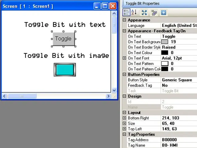 MAPware-7000 Toggle Bit Object on screen, with properties window to the right showing the configurable properties of the object.