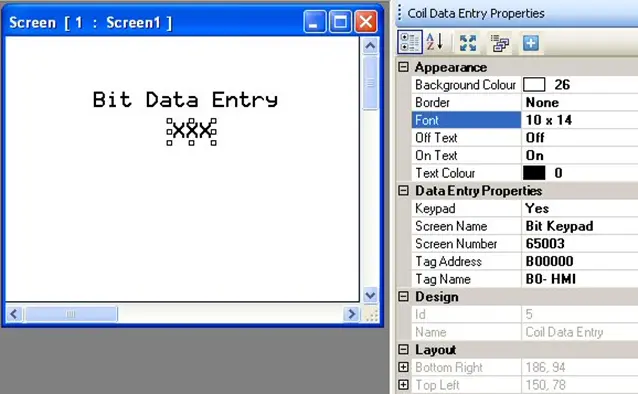 MAPware-7000 Bit Entry Object on screen, with properties menu to the right displaying the configurable properties of the object.
