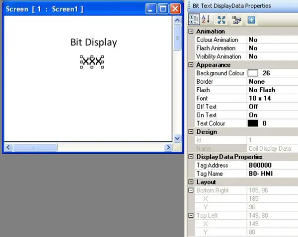 MAPware-7000 Bit Display object placed on the window with properties menu to the right, showing the configurable properties of the object.