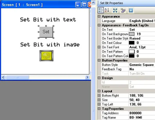 MAPware-7000 Set Bit Object on-screen, with properties menu to the right showing the configurable properties of the object.