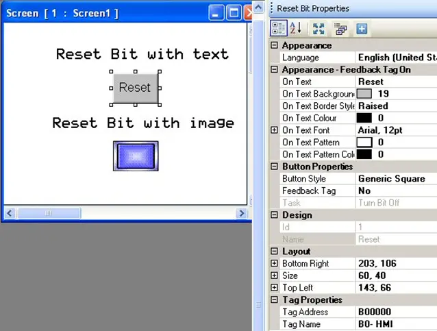 MAPware-7000 Reset Bit Object on screen with properties menu to the right, displaying the configurable properties of the object.