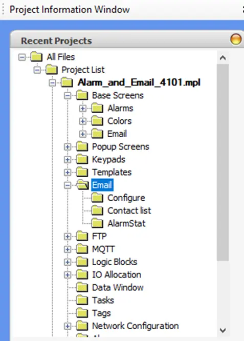 Project Information: Email MAPware-7000 Project Information Window, with the Email folder selected and open.
