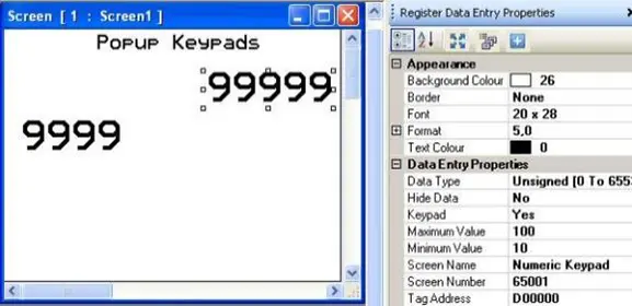 Popup Keypad MAPware-7000 Popup Keypad on screen, with properties menu to the right, displaying the configurable parameters of the keypad.