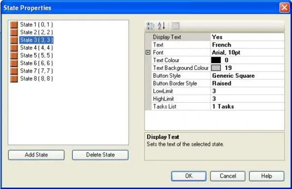 MAPware-7000 State properties dialog box, showing 8 states (one state for each language)