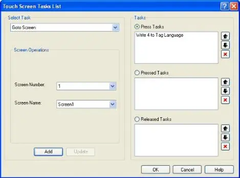 MAPware-7000 Touch Screen Task List window, configured to change language upon the pressing of the button.