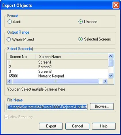 MAPware-7000 Export Objects menu, specific to exporting text objects and their screens.