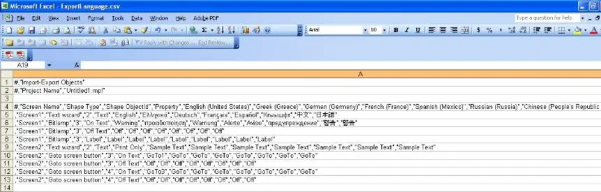 Sample of MAPware-7000 Exported Language CSV File