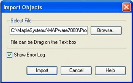 MAPware-7000 Import Objects dialog, where you can navigate to a CSV file that contains objects you wish to import.