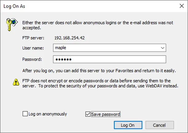 FTP Log on Window FTP Log-In Window if the FTP server has been configured with username/password requirements