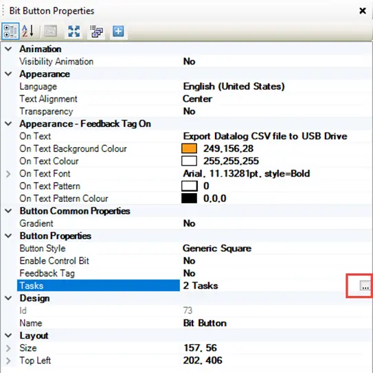 Button Properties Tasks properties selected within the button properties menu