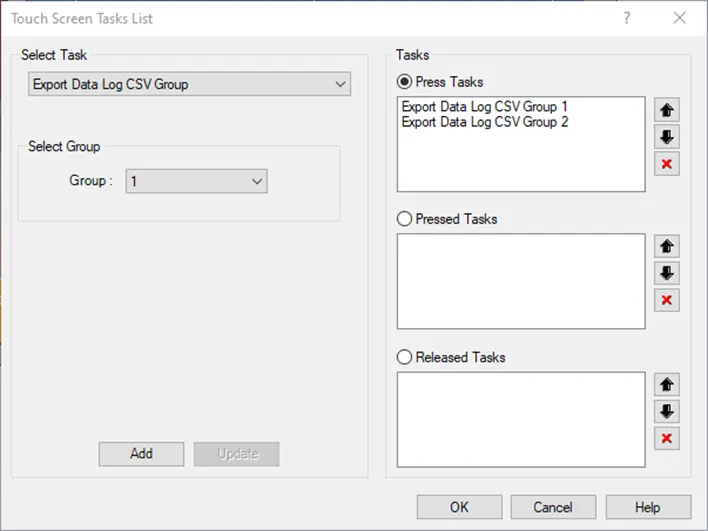 Touch Screen Task List MAPware-7000 touch screen task list configured to export data log CSV group upon the pressing of the button