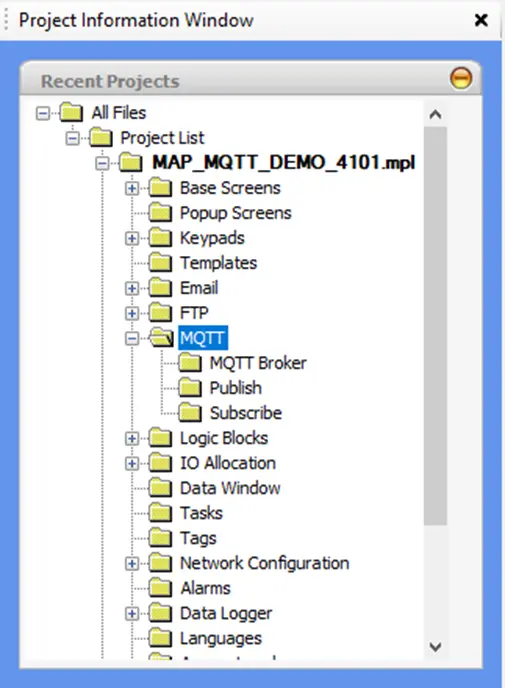 Project Information: MQTT MAPware-7000 Project Information Window: MQTT Folder highlighted. MQTT available on HMC4000 Series units.