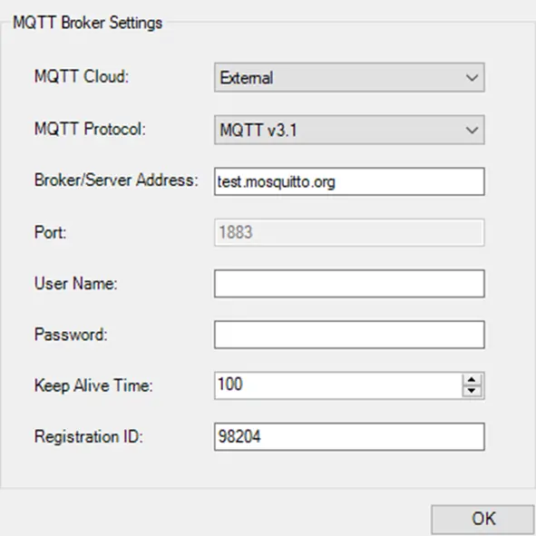 MQTT Broker Settings Dialog Box A screenshot of the MQTT Broker Settings dialog box in MAPware-7000. MQTT is available to configure for HMC4000 Series units.