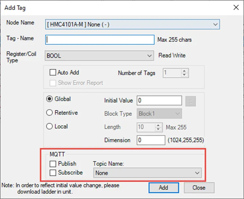 Add Tag MAPware-7000 Add tag window, with the MQTT section outlined. Publish and Subscribe checkboxes are there, as well as a topic name dropdown.