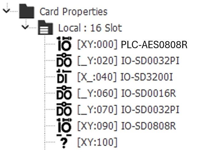 Five expansion modules attached to the PLC-AES0808R CPU show in the card properties drop down in the left most window of MapleLogic