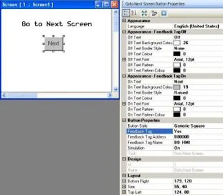 MAPware-7000 Go to Next Screen button placed on the screen, with properties menu to the right, showing the configurable properties of the object.