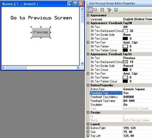 MAPware-7000 Go to Previous Screen object with properties window on the right, displaying the configurable properties of the object.