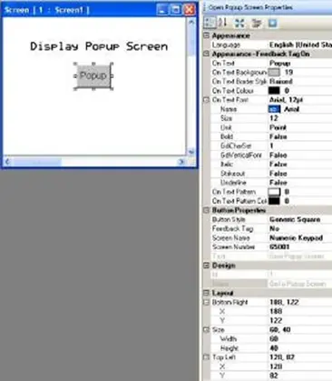 MAPware-7000 Open Popup Screen object with properties menu to the right, displaying the configurable properties of the object