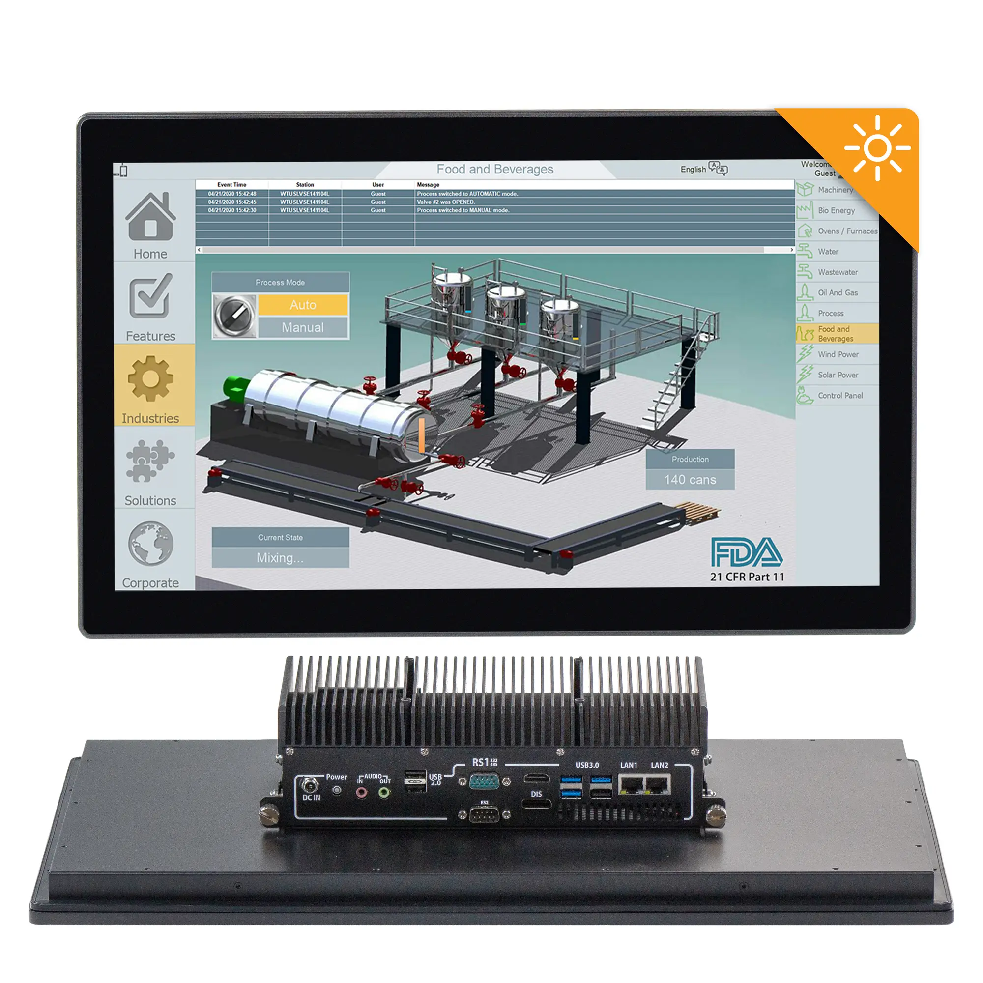 Maple Systems PC1521APH High Brightness 21.5" Fanless Panel PC with Intel® Core™ Ultra CPU and up to 64GB RAM - Combo View
