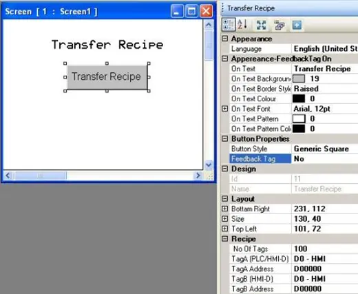 MAPware-7000 Transfer Recipe button on-screen, with properties menu to the right showing the configurable properties of the object.